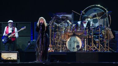 John McVie, from left, and Stevie Nicks and Lindsey Buckingham of Fleetwood Mac performsat the Isle of Wight Festival in 2015. Pic: AP